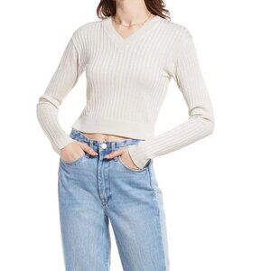 NEW Nordstorm BP‎ Ribbed Crop Sweater Grey Size Large V-Neck Knit Made in USA L
